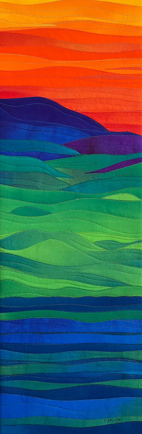 RISING SUN. Hand dyed fabrics. 10x30" mounted on canvas covered frame (wrapped around all sides) Available at Dundas Valley School of Art 's Art Auction April 6-12